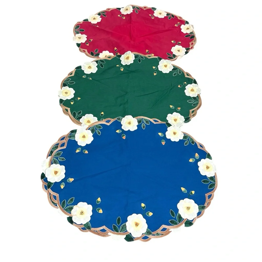 Vintage Placemats Green Blue Red Embroidered Linen Fabric Floral Lot of 6 Boho